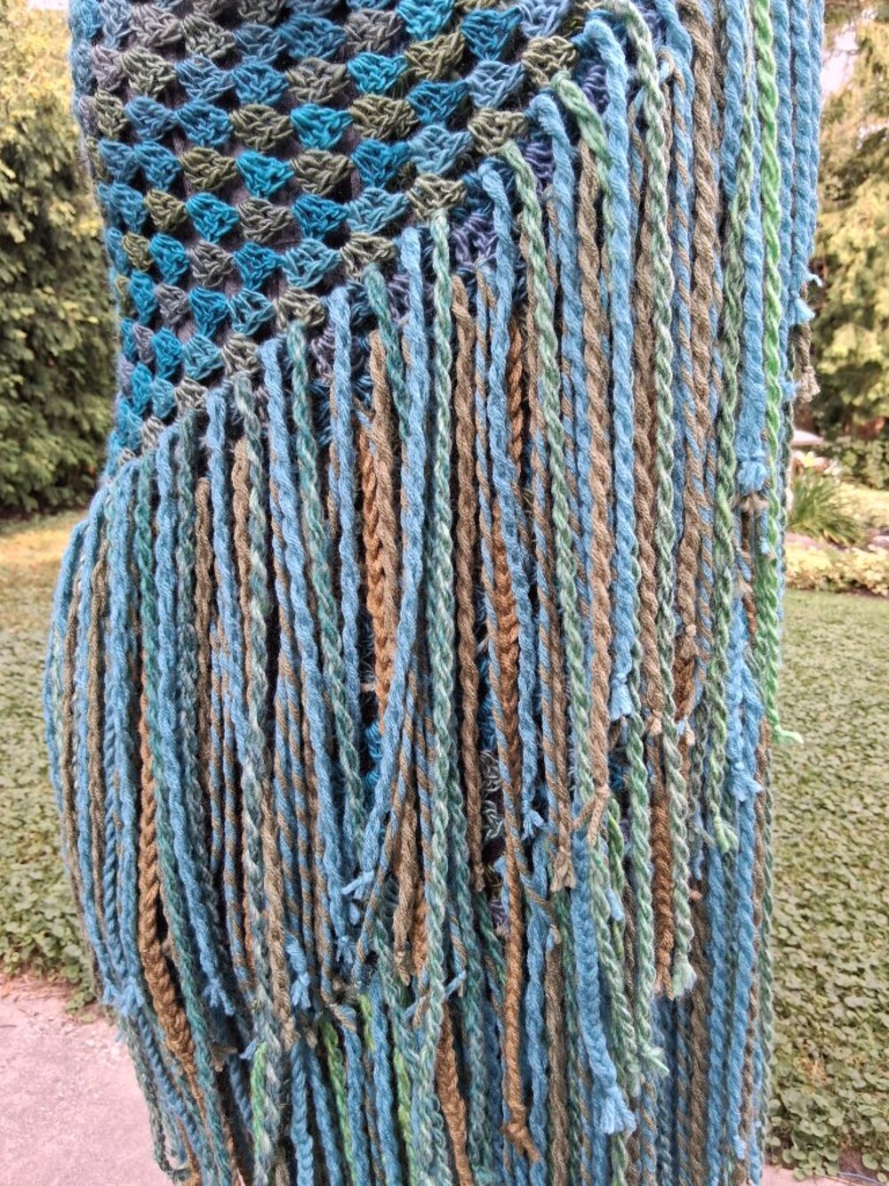 Boho Turquoise Blue and Green Full Thick Fringe Shawl Shrug - Picture 5 of 14